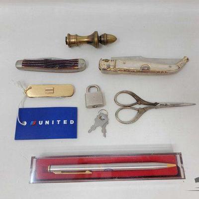 #1912 • Knives, Pen, Lock & Keys, Scissors and Knob
