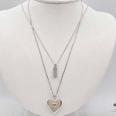 #908 • Sterling Silver Heart Locket & Diamond Drop Necklace, 6.97g
