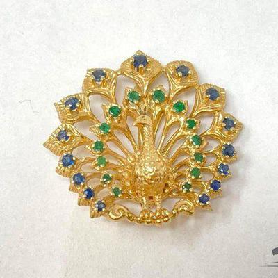 #707 • 14k Yellow Gold Sapphire & Emerald Jeweled Peacock Pendant/...
