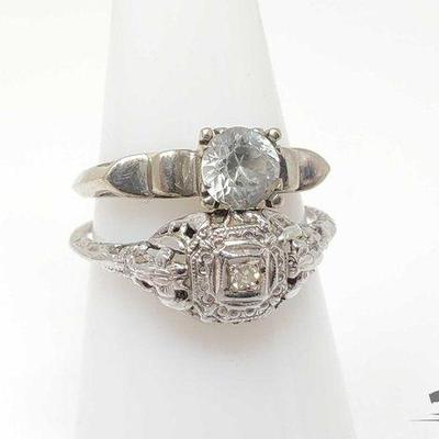 #752 • (2) 14k White Gold Rings with Diamond & Aqua Gemstone Center R...
