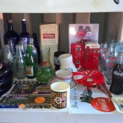 #10546 • Glass Bottles, Plates, Cups, Lemon Juicer & Coaster
