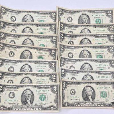 #1513 • (14) 1976 U.S. Green Seal $2 Federal Reserve Note

