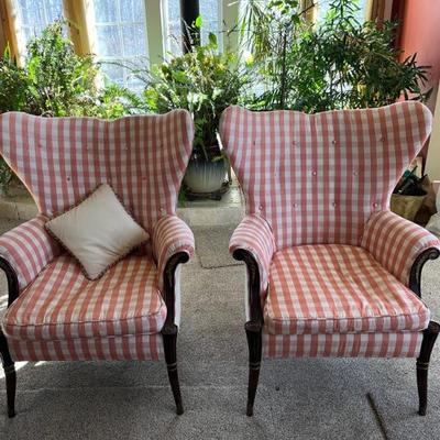 Pair of antique wingback chairs, recently reupholstered in apricot and ivory check silk