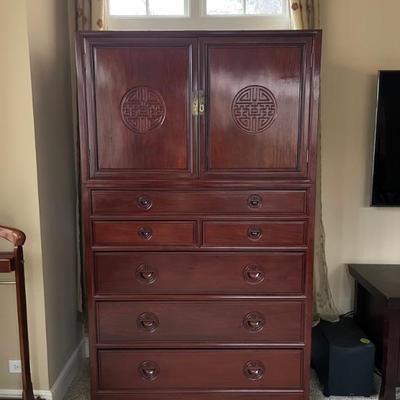 Elmwood campaign style stacking armoire/dresser, imported from China, Asian style, the two pieces can be used stacked or separate 