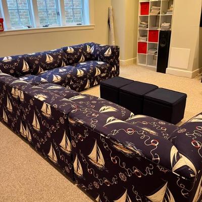 Sectional sofa—7 total pieces, 3 corners (32” x 32”) and 4 middle sections (30” x 32”), all covered in Ralph Lauren fabric, a few yards...