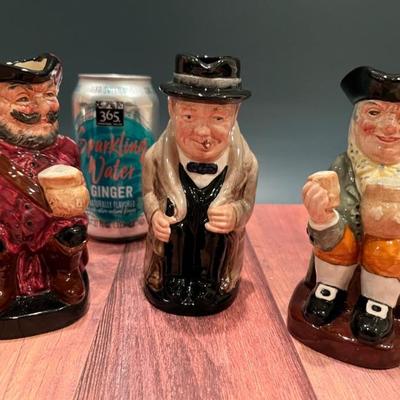 Loads of Toby jugs, character jugs in all sizes from Royal Doulton, Sterling and Artone—Winston Churchill, Falstaff, Neptune, pirates,...