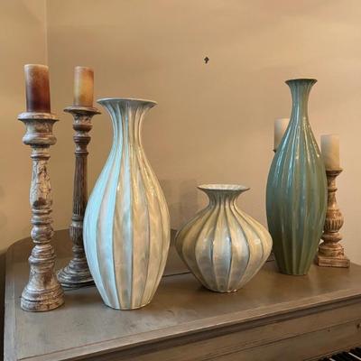 Large decorative ceramic vases and large wooden candle holders
