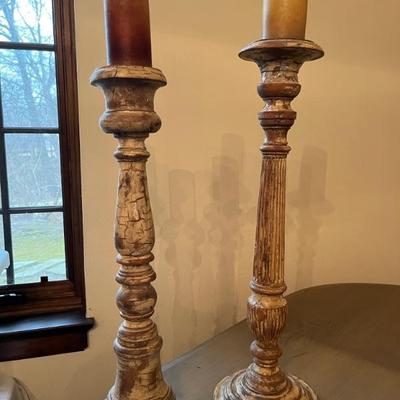 Large decorative ceramic vases and large wooden candle holders