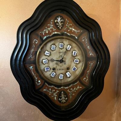 Antique French baker’s clock, 19th century, decorated with mother of pearl