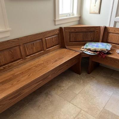 Custom wooden sectional seating bench with storage, perfect for a kitchen or dining area