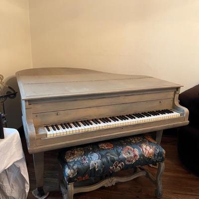 1920s Cable baby grand piano, painted sage green, needs tuning, bench included
