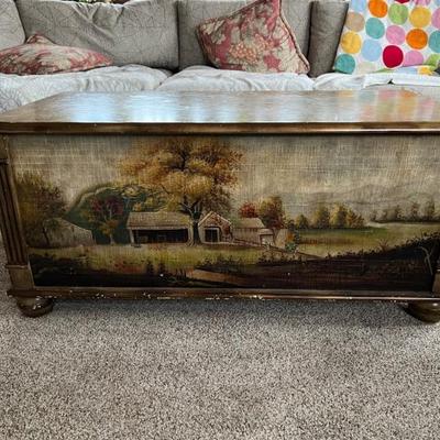 Pair of painted trunks, decorated with pastoral scenes and landscapes, perfect for Tuscan, French Country or Farmhouse decor