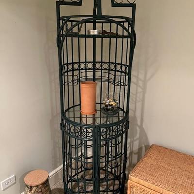 Adorable round, French style wine rack in dark green with additional shelves, will hold lots of wine plus storage