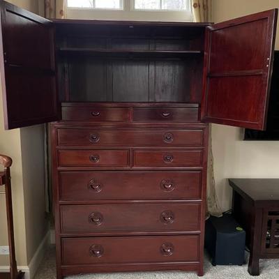 Elmwood campaign style stacking armoire/dresser, imported from China, Asian style, the two pieces can be used stacked or separate 