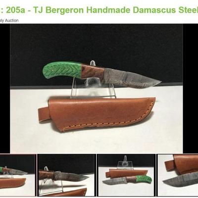 Lot # : 205a - TJ Bergeron Handmade Damascus Steel Knife
Measures: 8" overall Blades: single are made from several layers of 1095...