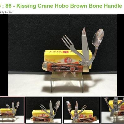 Sale Photo Thumbnail #4: Lot # : 86 - Kissing Crane Hobo Brown Bone Handle
Measures: 4" closed Blades: single blade, fork and spoon take-a-part Badge: brass pair of red Kissing Crane Box: Original
