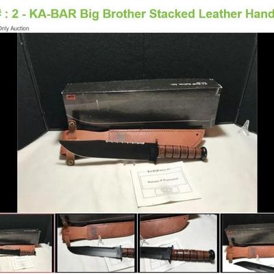 Lot # : 2 - KA-BAR Big Brother Stacked Leather Handle
A-BAR 02-2217 Measures: 14 1/4 " overall Blades: single Steel 1095 Cro-Van...