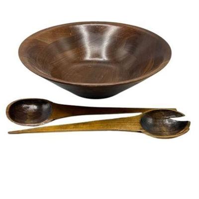 Lot 185 
Mid CenturyTurned Wooden Salad Serving Bowl With Tossers