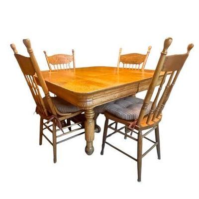 Lot 346  
Antique Oak Farmhouse Table with Five (5) Chairs and Two Extenders