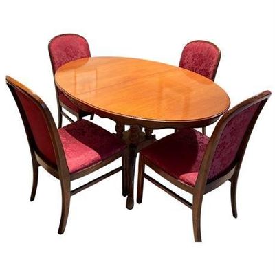 Lot 003   
Vintage Natural Cherry Pedestal Dining Table and Chairs, Four (4)
