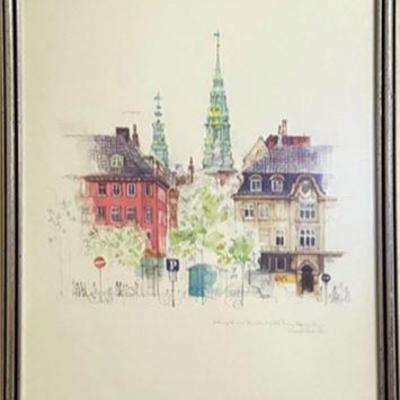 Lot 008-197 
"Studies of Copenhagen" Watercolor Painting by Mads Stage 1972