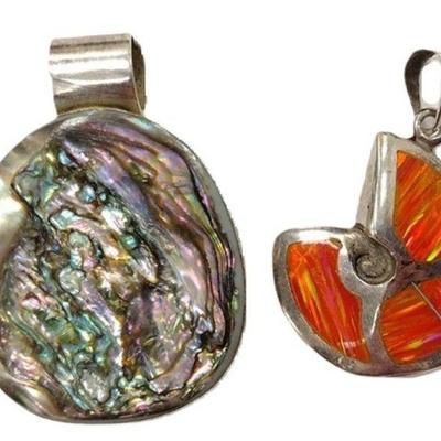 MOTHER OF PEARL AND ORANGE OPAL STERLING PENDANTS