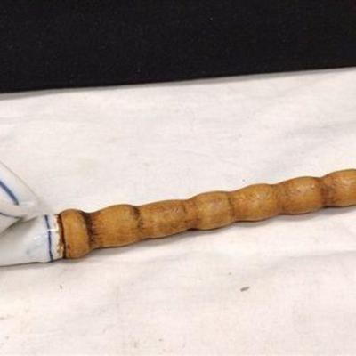 PORCELAIN DELFT BLUE ONION LADLE WITH WOODEN HANDLE