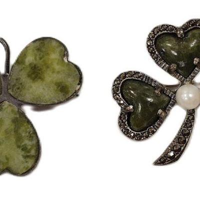 TWO CLOVER PINS, ONE WITH PEARL IS STERLING. OTHER SILVER PLATE WITH CONNEMARA IRISH MARBLE STONES