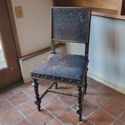 88 antique french renaissance tooled leather wood chair