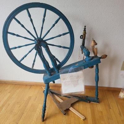 69 1860s antique swedish blue painted wood spinning wheel