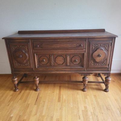 45 antique tudor style decorative carved wood buffet cabinet