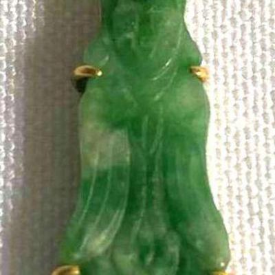 MCM002 Beautiful Carved Green Jade Guan Yin Pendant with 14K Gold Accents