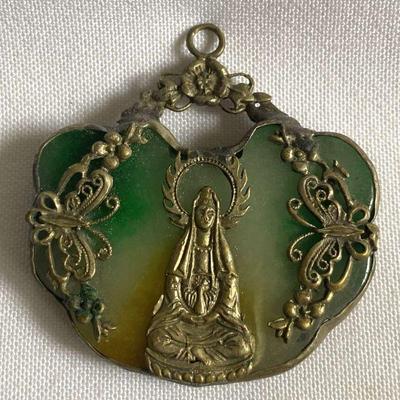 MCM006 Huge Multi-Color Jade Guan Yin Pendant with Silver Tone Accents