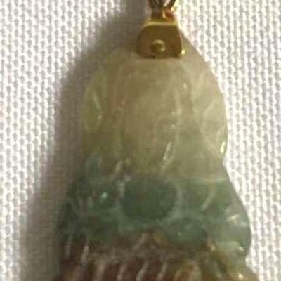 MCM003 Beautiful Tri-Color Carved Jade Guan Yin Pendent with 14K Gold Accent