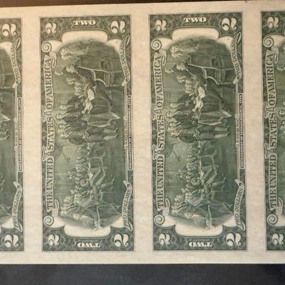 uncut $2 bill sheet framed