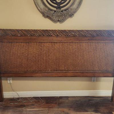 Tommy Bahama King Siesta Bed - sleigh bed, woven finish with carved palm leaf trim, handsome, tropical style ($999)