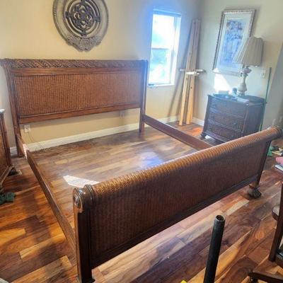 Tommy Bahama King Siesta Bed - sleigh bed, woven finish with carved palm leaf trim, handsome, tropical style ($999)