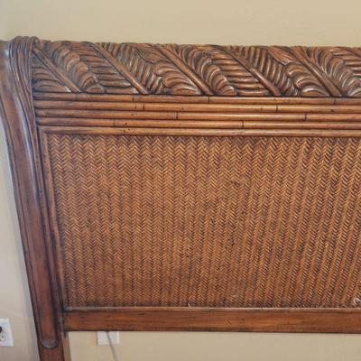 Tommy Bahama King Siesta Bed - sleigh bed, woven finish with carved palm leaf trim, handsome, tropical style ($999)