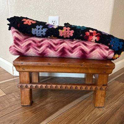 Wooden Stool & Handmade Blankets