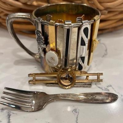 Baby Silver Cup & Fork & Vintage Tie Clips