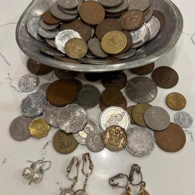 Nambe Bowl of Coins & Vintage Earrings