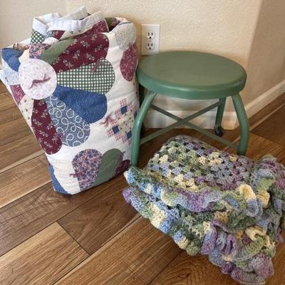 Metal Stool, Quilt, Blanket