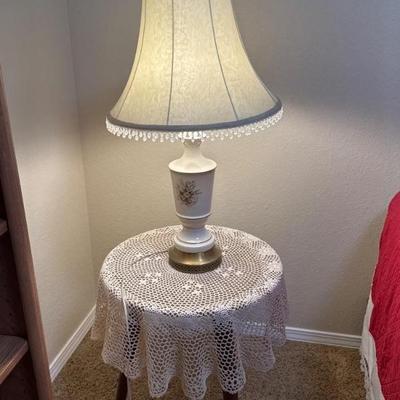 Antique Lamp, Table & Doily