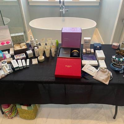 Table full of skin care products 
