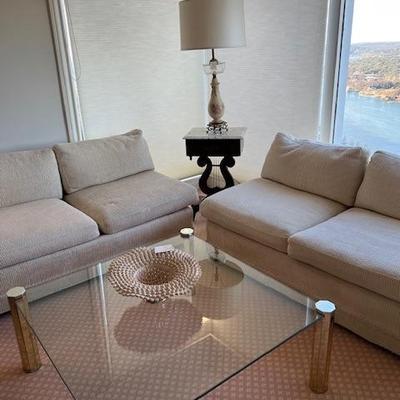 Brass and glass table and matching small sofas