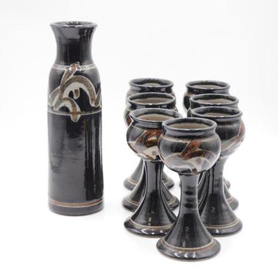 Stoneware Pottery Pitcher & Goblets 8pc Set