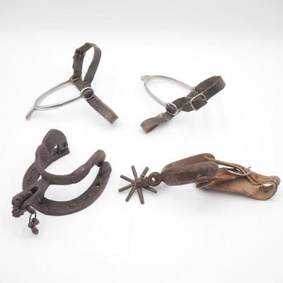 Vintage Cast Iron Horseshoe Spur Door Knocker & 3 Stirrups