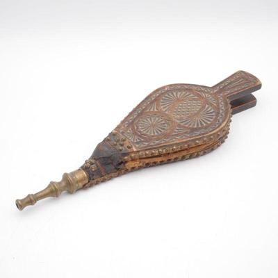 Vintage Carved Wood, Leather & Brass Fireplace Bellows
