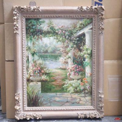 Rustic Impressionistic Oil on Canvas Painting of a Garden Leading to a Pond