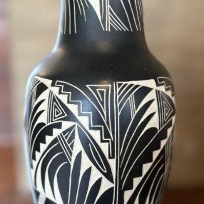 Native american pottery tall black jar with white etchings